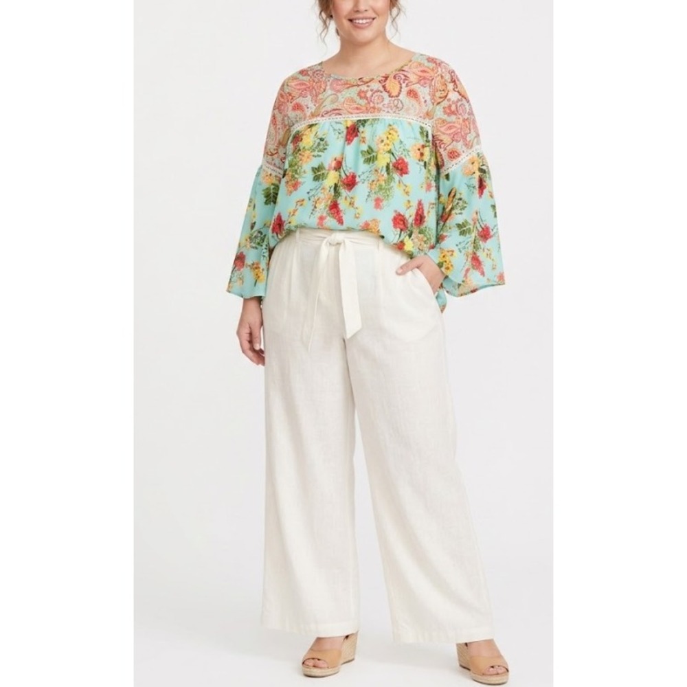 Fig and Flower Blouse XL Mint Multi Floral Bell Sleeve Boho Top Vacation